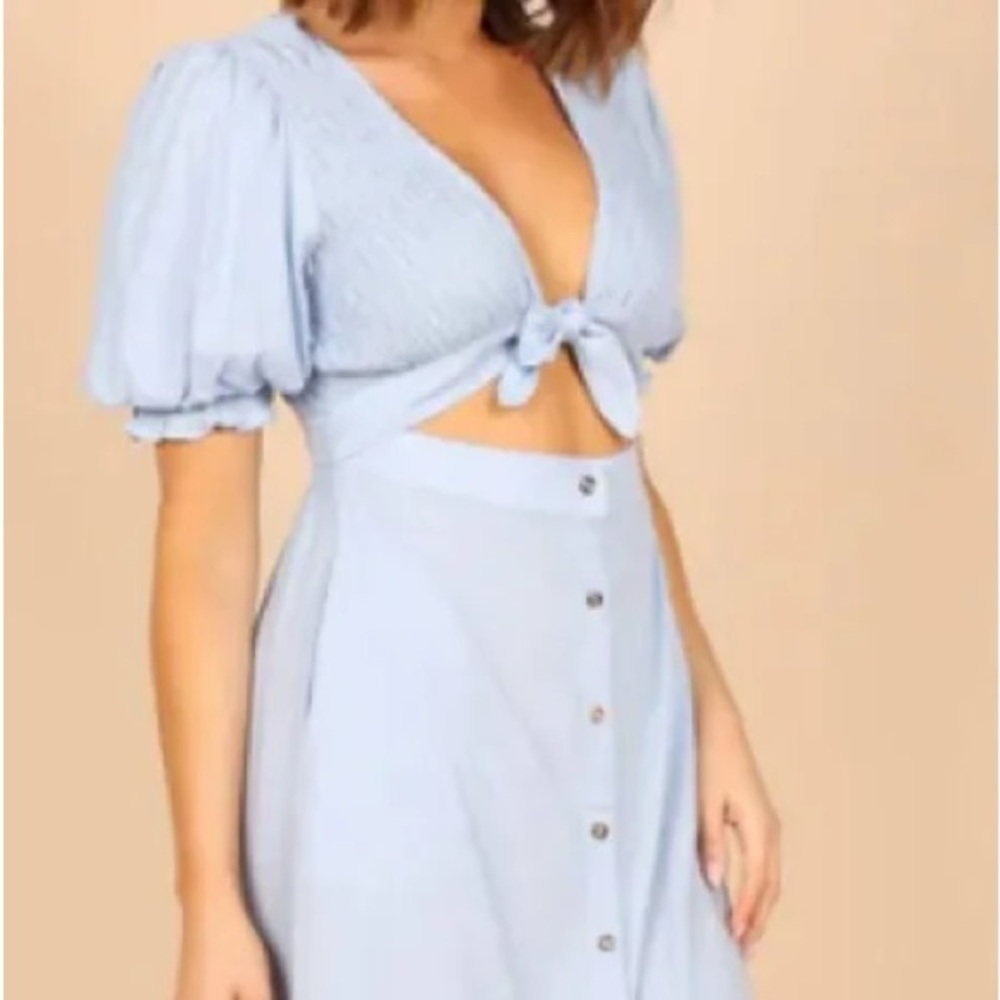 Petal & Pup Light Blue Tie-Front Midi Dress with Puff Sleeves
